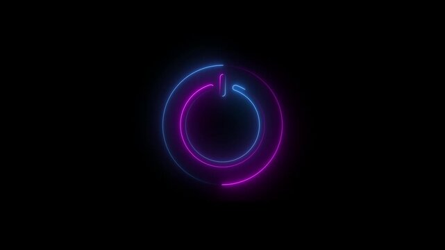 Glowing neon power button icon isolated on black background. HD Video motion graphic animation