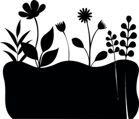 A silhouette of various plants and flowers emerging from a dark, undulating ground, evoking a sense of growth and nature's simple beauty
