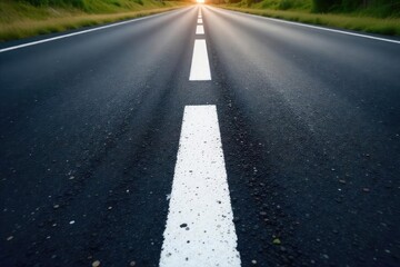 Obraz premium A stark white line painted on a dark asphalt road, stretching into the distance A simple yet striking image symbolizing direction, journey, and contrast , perspective, texture