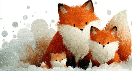 Fox Family Watercolor Illustration, Cute Woodland Animals in Winter Snow Scene