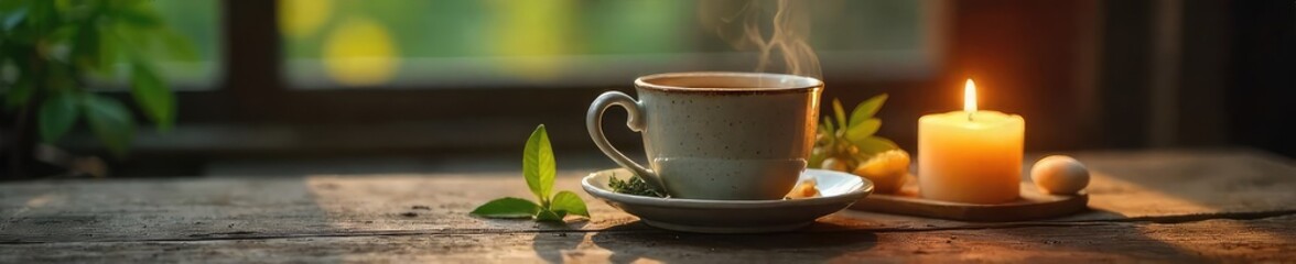 A steaming mug of herbal tea sits on a rustic wooden table beside a lit candle, creating a calming and peaceful atmosphere perfect for unwinding ,  soothing,  still life