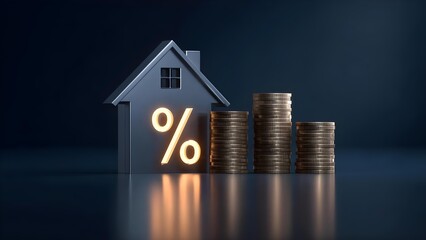 A house icon with a glowing percent sign beside stacks of coins, symbolizing mortgage rates or home loan interest. Concept Mortgage Rates Visualization, Home Loan Interest Signage