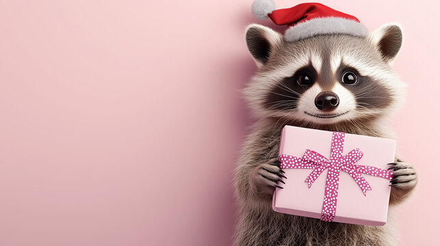 A cute raccoon wearing a Santa hat and holding a gift, set against a soft pink flat background. The design features plenty of blank space, making it perfect for New Year and Christmas themes.