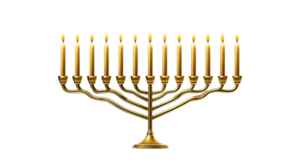 A Hanukkah menorah with glowing candles symbolizing Jewish festival of lights and tradition isolated on white background