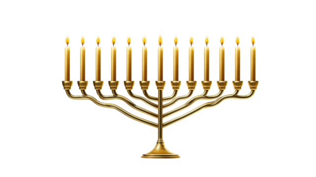 A Hanukkah menorah with glowing candles symbolizing Jewish festival of lights and tradition isolated on white background