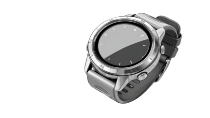 A grayscale digital wristwatch with rectangular display and sleek modern strap style isolated on white background