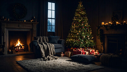 christmas decorated living room, decorated christmas tree, cozy blankets and pillows