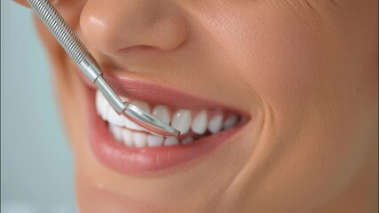 Close up of perfect smile with dental mirror, showcasing healthy teeth and gums during a dental examination video 4k