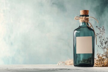 Obraz premium Elegant glass bottle with blank label and leaf on light background