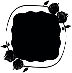 Elegant black silhouette of a decorative floral frame with rose flowers and leaves, a vector illustration for design templates and invitations