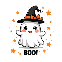 A cute ghost wearing a black witch's hat with an orange ribbon