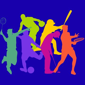 Colorful silhouette illustration of various sports activities on a blue background design art image