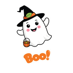 A cute ghost wearing a black witch's hat with an orange ribbon