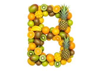 Isolated letter B made from fresh colorful tropical fruits on bright background, healthy alphabet