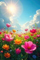 A vibrant field of flowers bursting into bloom, representing the blossoming of creative ideas and imagination Sunlight streams through, illuminating the colorful petals , dream, fantasy, flora