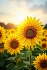 Obraz premium A vibrant field of sunflowers bathed in golden sunlight, representing optimism and the promise of a bright future The cheerful yellow evokes feelings of warmth and joy , dazzling, bloom