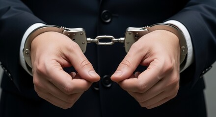 Arrested businessman in handcuffs symbolizing financial crime corruption fraud and breaking the law
