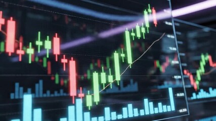 A financial market display showcasing stock data with green and red candlesticks and bar graphs - Powered by Adobe