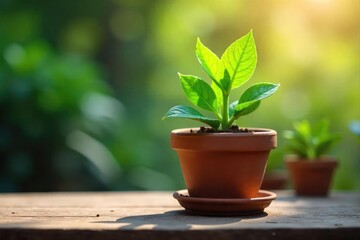 Fototapeta premium A vibrant green potted plant thrives in a rustic terracotta pot, its lush leaves reaching towards the sunlight Perfect for home decor, gardening, and springtime themes , lush, bright, still life