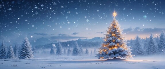 Banner of snowy Christmas tree with lights in winter landscape. Pines and mountains under dusky sky. Lights reflect on snow.