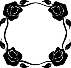 Elegant Floral Wreath Design with Rose Motifs and Leafy Accents, Black and White Illustration
