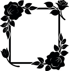 Elegant floral square frame with roses and leaves silhouette for designs and invitations