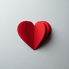 Vertical flat lay of a multi-layered red paper cutout heart on a white to gray gradient background with subtle shadow