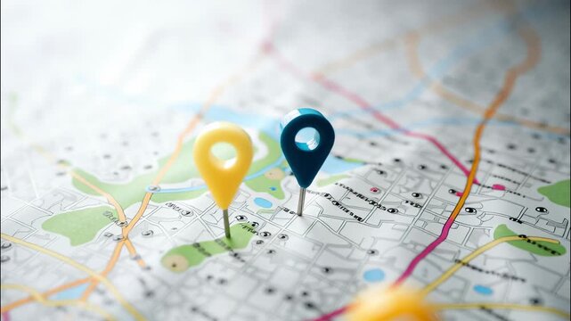 Vibrant map pins highlighting global travel routes, pinpointing destinations across crumpled geographic surface with colorful precision video 4k