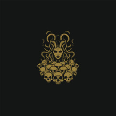 Fototapeta premium Dark fantasy vintage illustration of the mythical Medusa with snakes for hair, dramatically seated on a large pile of human skulls