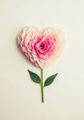 Beautiful flower with soft pink petals arranged in a heart shape on a stem with leaves against a smooth light gradient background