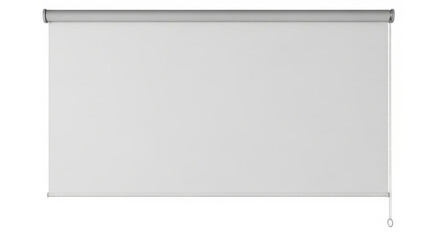 Blank white projection screen fully extended with a metal housing and control chain isolated on a clean white background suitable for presentations