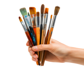Artist's Hand Holding a Bunch of Used Paintbrushes isolated on a transparent background