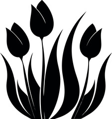Elegant black silhouette of three stylized tulip flowers with graceful leaves, a minimalist vector icon representing spring, nature, and floral beauty