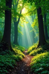 Obraz premium Sun-dappled forest floor, lush green undergrowth, ancient trees casting shadows, tranquil woodland scene, vibrant natural beauty , leaves, woodscape, towering trees