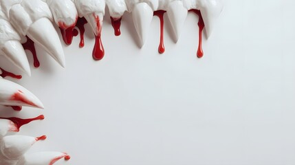 Eerie Vampire Teeth with Dripping Blood on White Background.