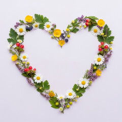 Heart shape made from assorted colorful wildflowers and green leaves on a soft light purple background
