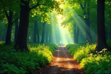 Obraz premium Sun-dappled forest path winding through lush greenery, dappled sunlight filtering through leaves, creating a magical atmosphere Perfect for nature, travel, and adventure themes , vibrant, calm
