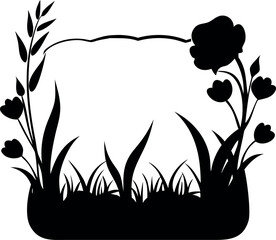Elegant silhouette vector of a garden meadow with flowers and grass forming a decorative frame, ideal for memorials or invitations