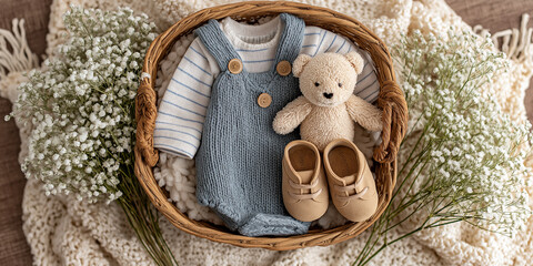 Cozy flat lay pregnancy announcement scene with basket containing baby outfit, teddy bear, and shoes, surrounded by delicate flowers on knitted blanket