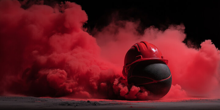 Black and red basketball with red helmet is surrounded by dramatic red smoke on floor, creating striking and intense visual effect