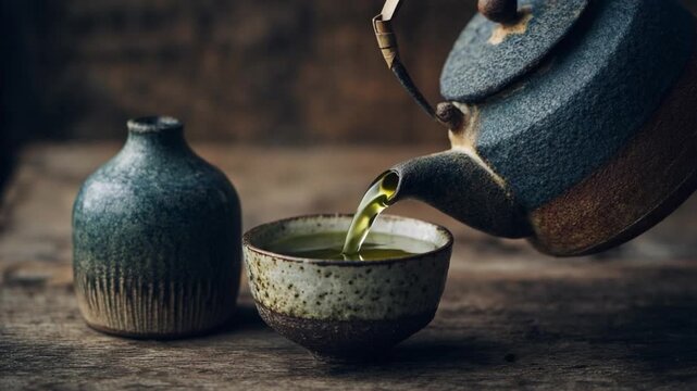 Zen Tea Ceremony: A serene moment captured as tea is carefully poured from a traditional ceramic teapot into a delicate cup, creating a tranquil scene of relaxation and mindfulness.