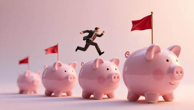 miniature businessman jumps across a row of pink piggy banks, each topped with a red flag