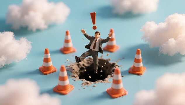 miniature businessman falls into a hole surrounded by orange traffic cones, with an exclamation point above him