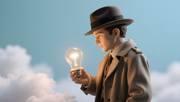 young man in a trench coat and hat contemplates a glowing lightbulb against a backdrop of fluffy clouds