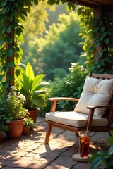 Obraz premium Sun-drenched patio scene with iced tea, a book, and lush greenery Perfect for relaxation and summer vibes Enjoy the peaceful atmosphere , vibrant, tranquility