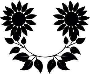 Black and White Floral Curve with Sunflowers and Leaves Illustration