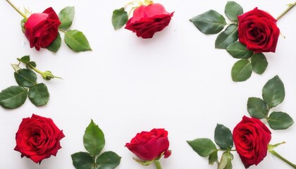 vibrant red roses arranged in circular frame with green leaves on white backdrop romantic mood banner copy space