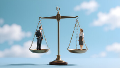 miniature businessman and businesswoman stand on opposite sides of a balanced scale