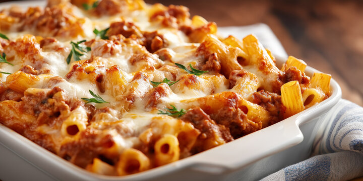 Creamy cheesy baked ziti with ground meat and melted cheese, garnished with fresh herbs, in white baking dish. dish is placed on striped cloth, creating warm, inviting atmosphere