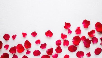vibrant red rose petals scattered with whole rose on minimalist white backdrop romantic mood banner copy space
